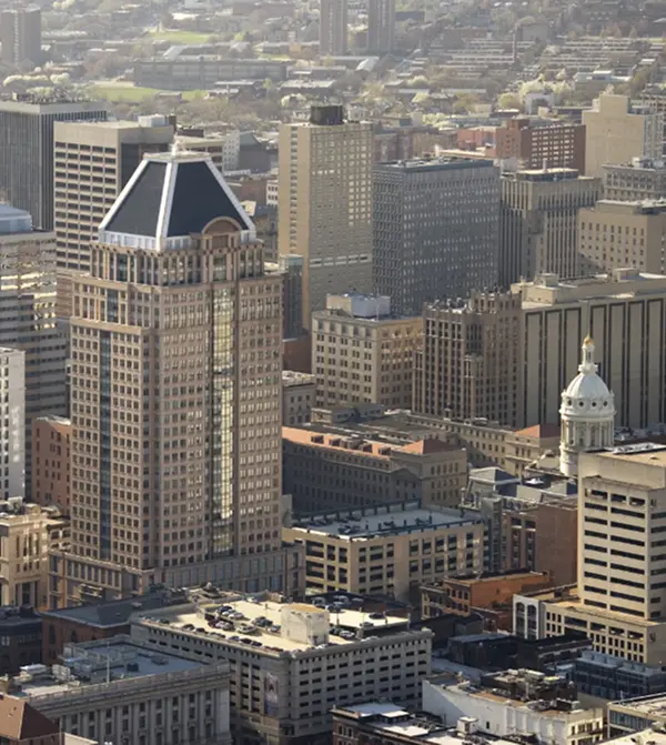 Aerial view of Baltimore downtown skyline with tall buildings